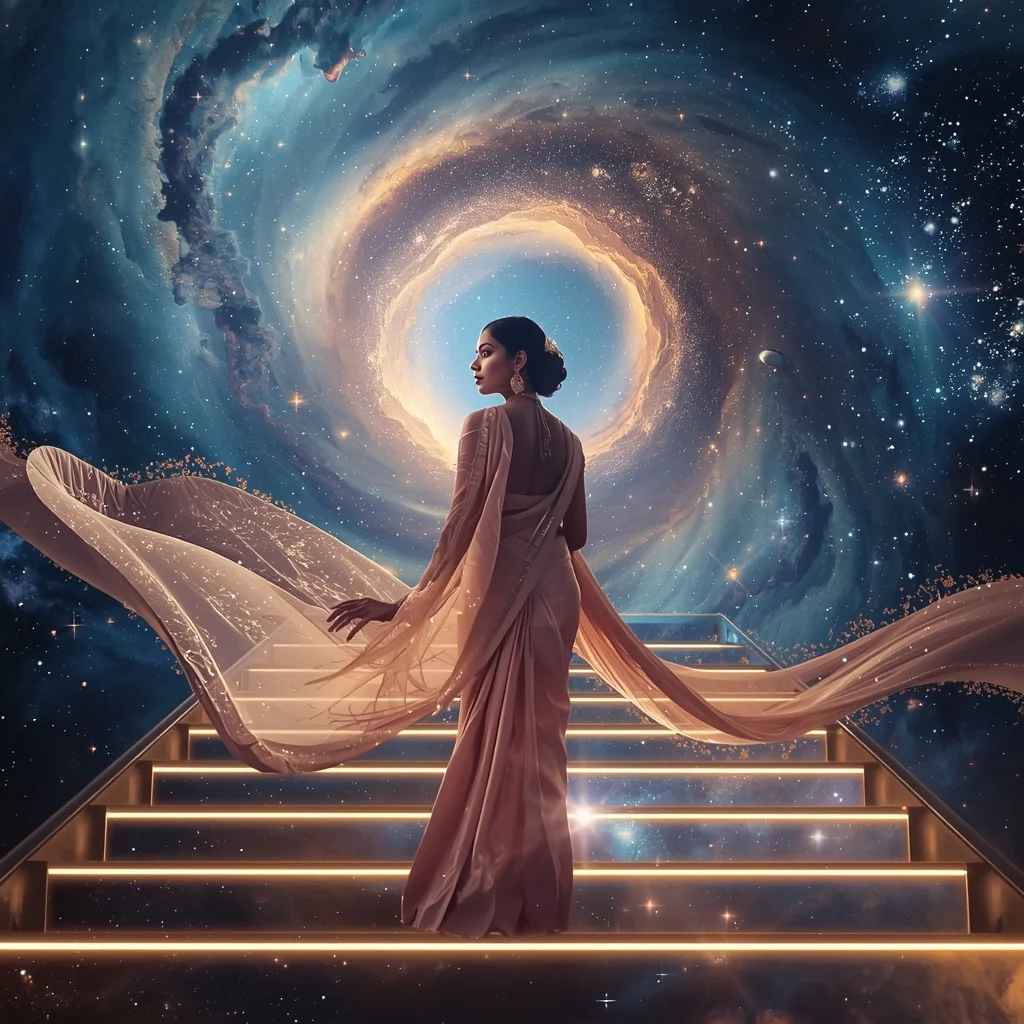 Festive Pastel Saree Grand Infinite Cosmic Staircase Collage | Majestic Nebula Prompt | Indian Girl Saree Ai Prompt 4k Realistic