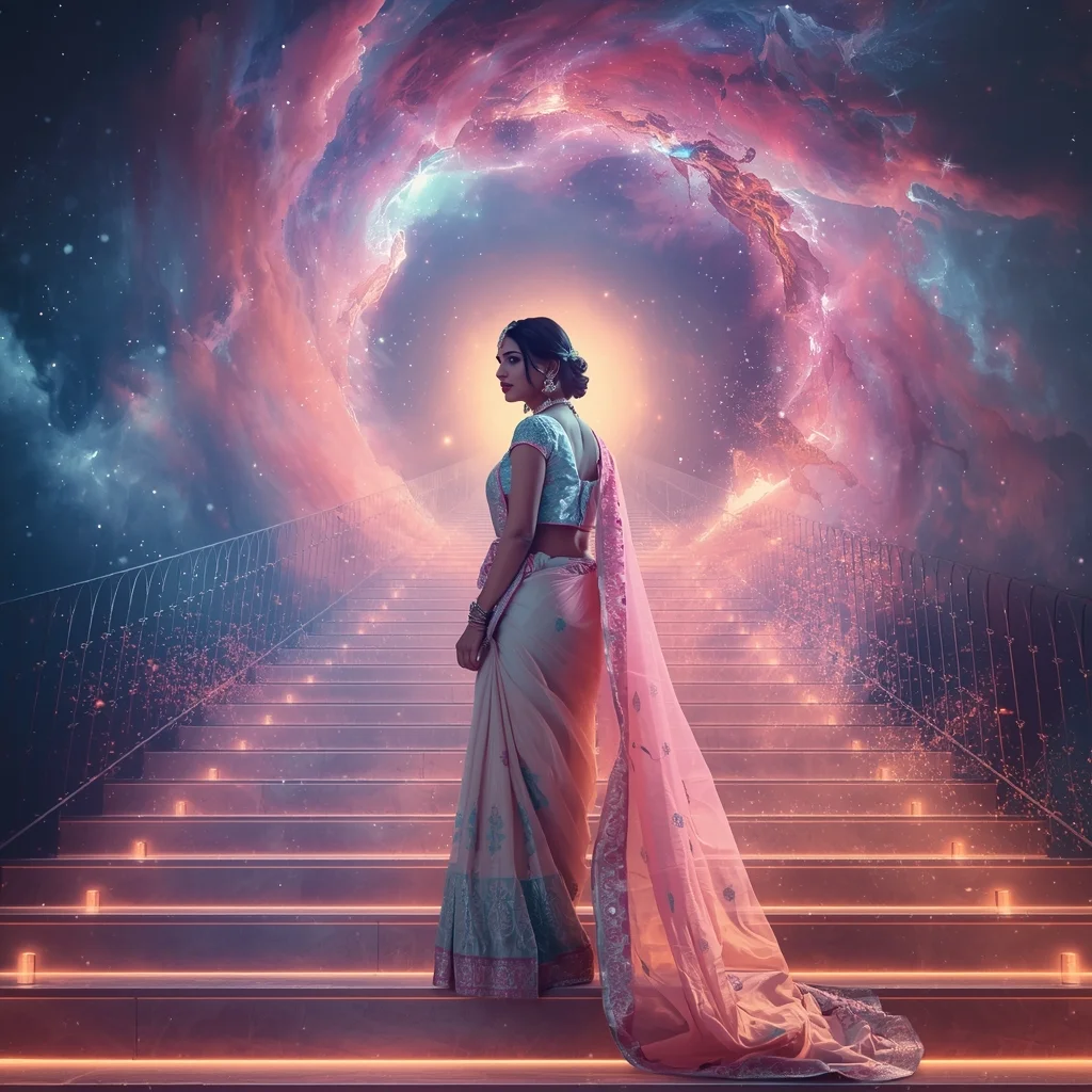 Festive Pastel Saree Grand Infinite Cosmic Staircase Collage | Majestic Nebula Prompt | Saree Prompt For Girls