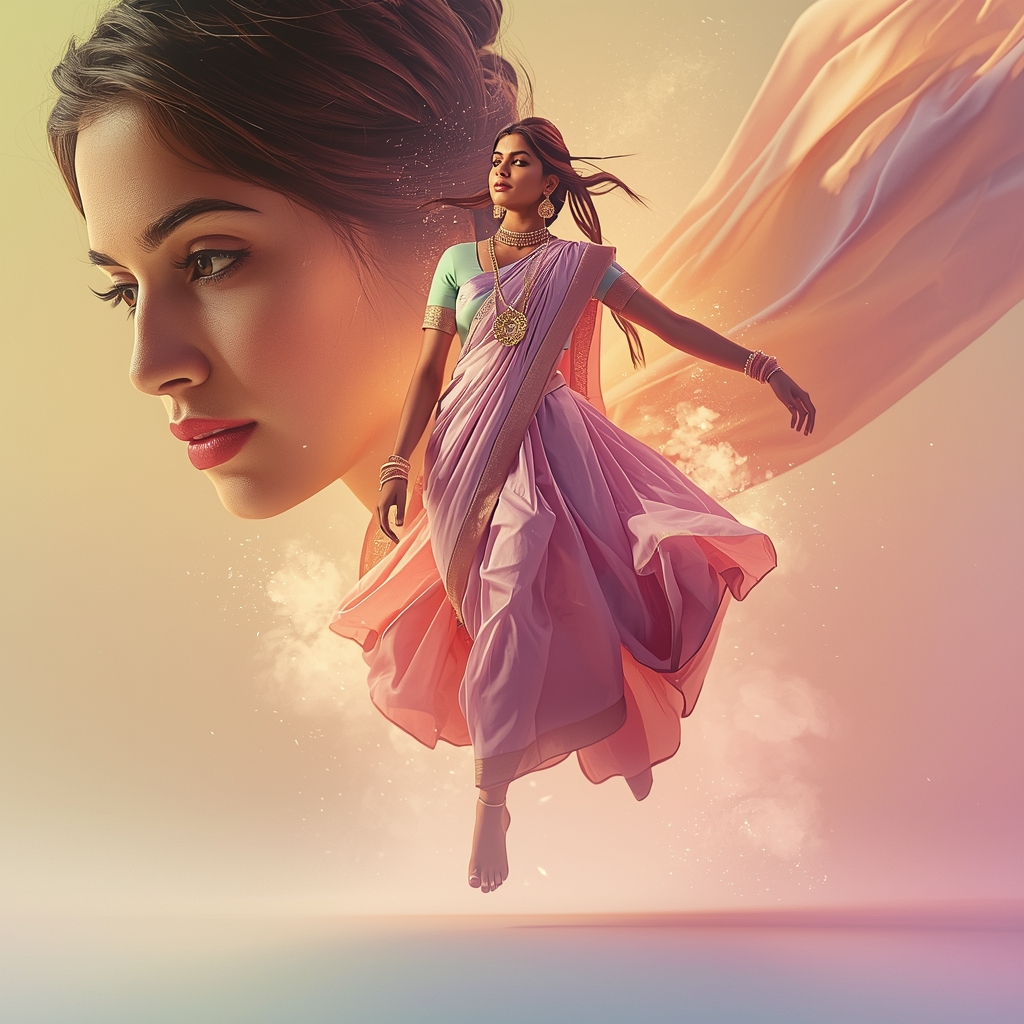 Festive Pastel Saree Gravity Lift Collage | Indian Girl Floating Elegance Aesthetic Cinematic Viral Prompt | Gemini Saree Prompt
