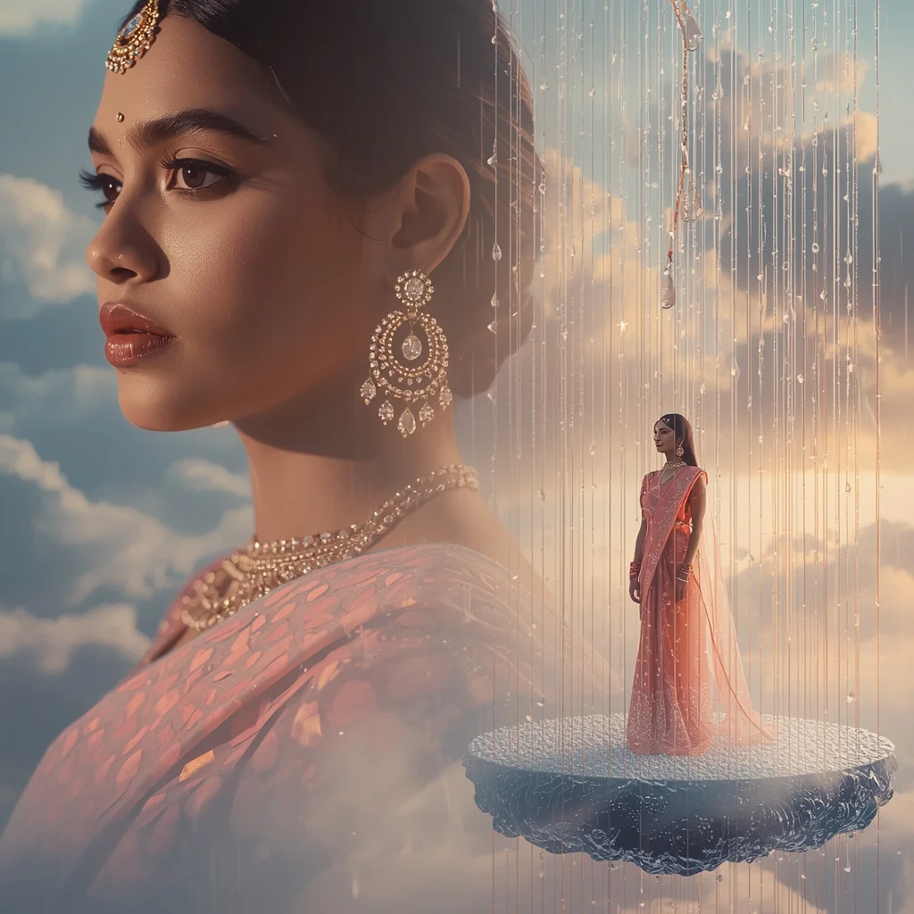 Festive Pastel Saree Heavenly Celestial Mirror Island Collage | Enchanted Crystal Rain Prompt | Chatgpt Photo Editing Prompts For Girl Aesthetic