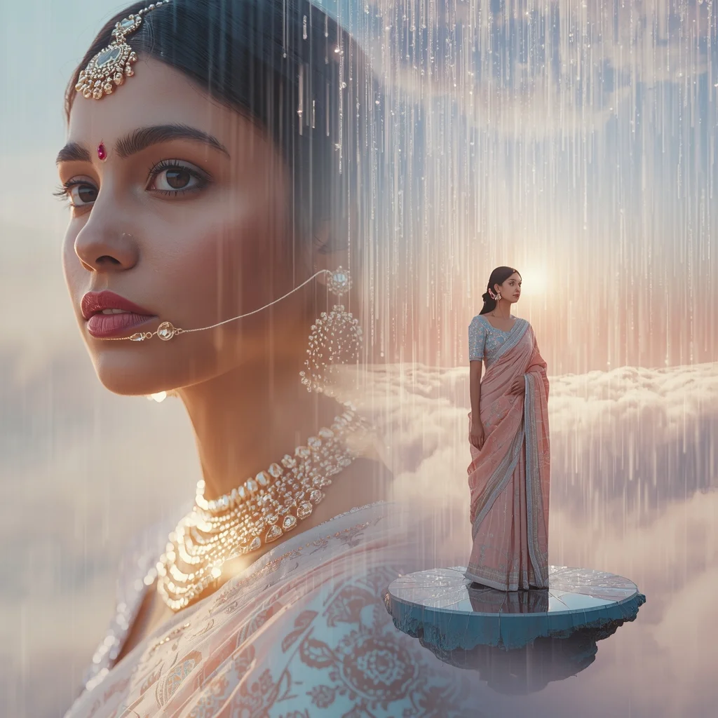 Festive Pastel Saree Heavenly Celestial Mirror Island Collage | Enchanted Crystal Rain Prompt | Saree Photo Ai Prompt