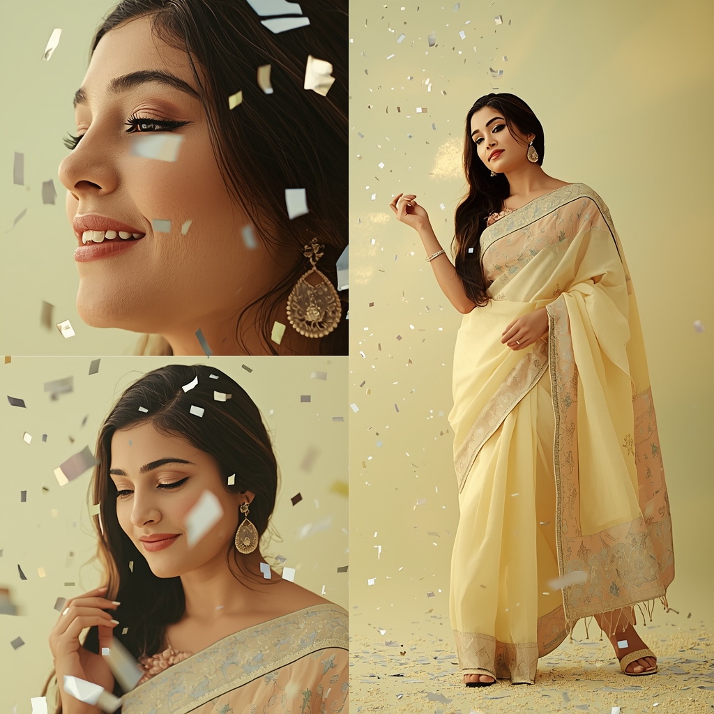 Festive Pastel Saree Heavenly Floating Silver Foil Snow | Bridal Saree Ai Prompt For Instagram Reel