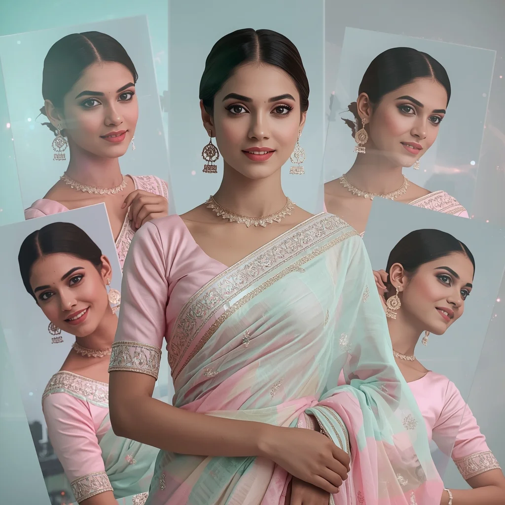 Festive Pastel Saree Hologram Echo Frames Collage Modern Cinematic | Indian Girl Saree Ai Prompt 4k Realistic