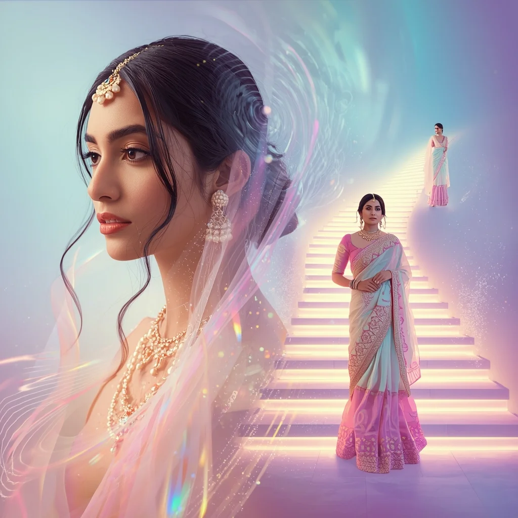 Festive Pastel Saree Holographic Veil Ripple Quantum Core Collage | Supreme Dynamic Prompt | Indian Bride Saree Ai Prompt