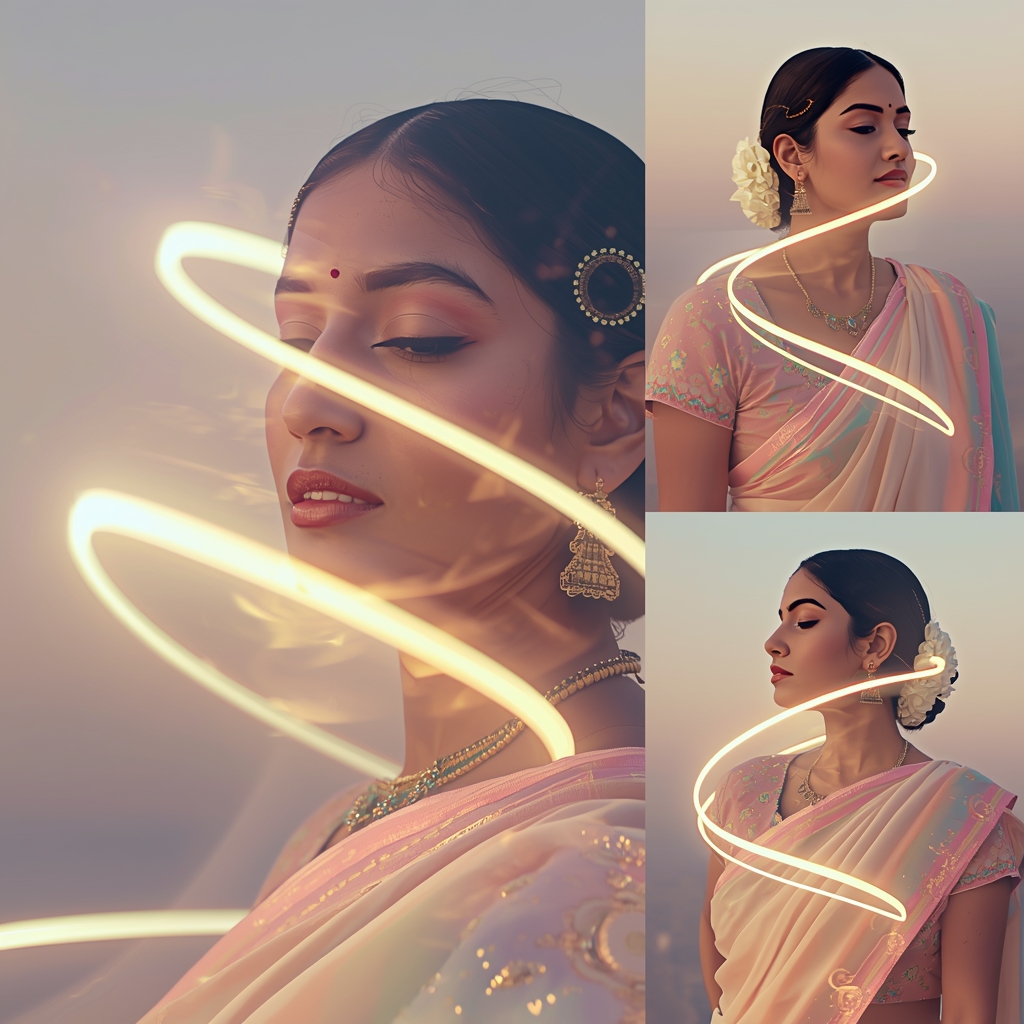 Festive Pastel Saree Horizon Spiral Collage | Indian Girl Light Motion Aesthetic Soft Cinematic Viral Prompt | Saree Prompt For Women