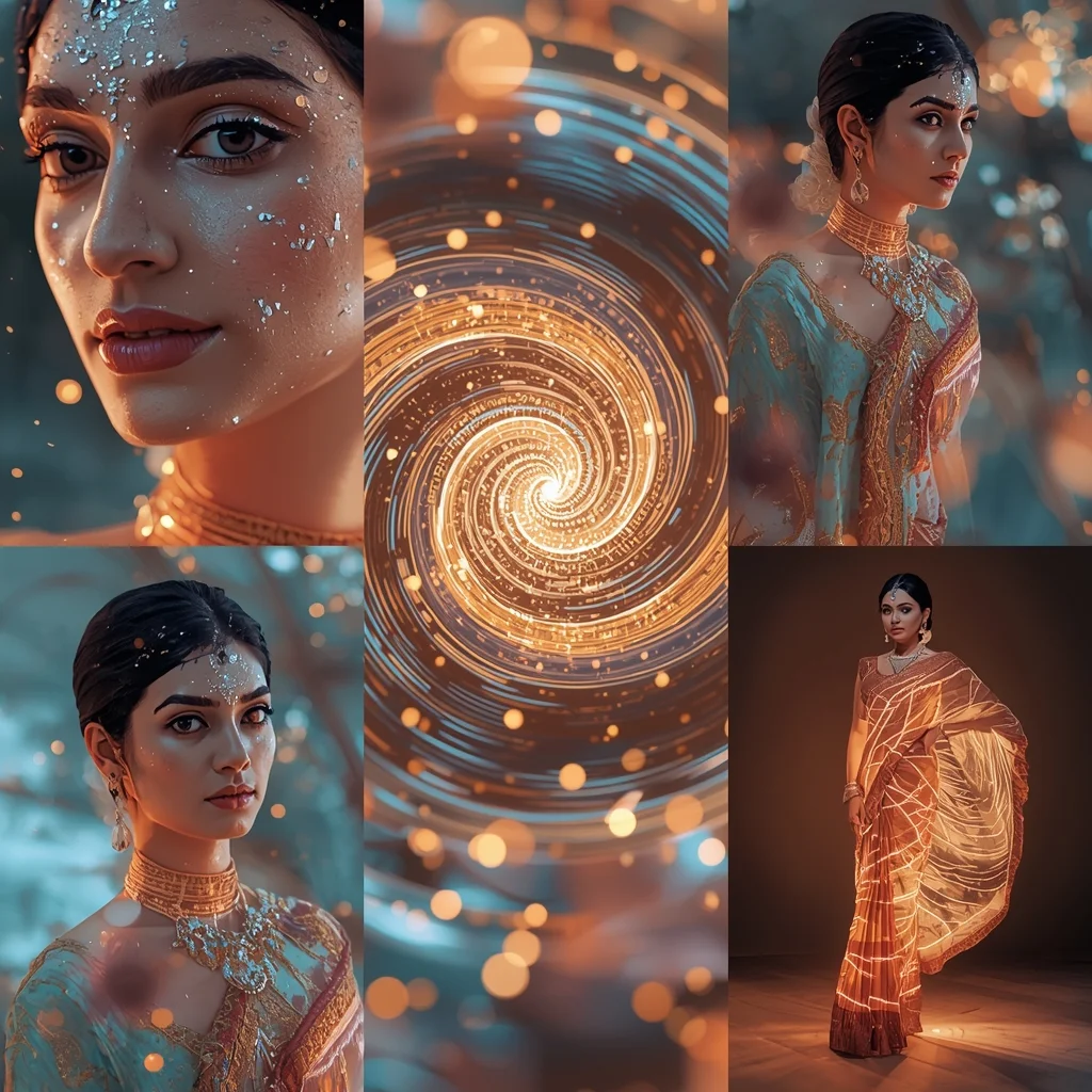 Festive Pastel Saree Hypnotic Ripple Vortex Energy Core Collage | Mesmerizing Glow Prompt | Traditional Saree Ai Prompt