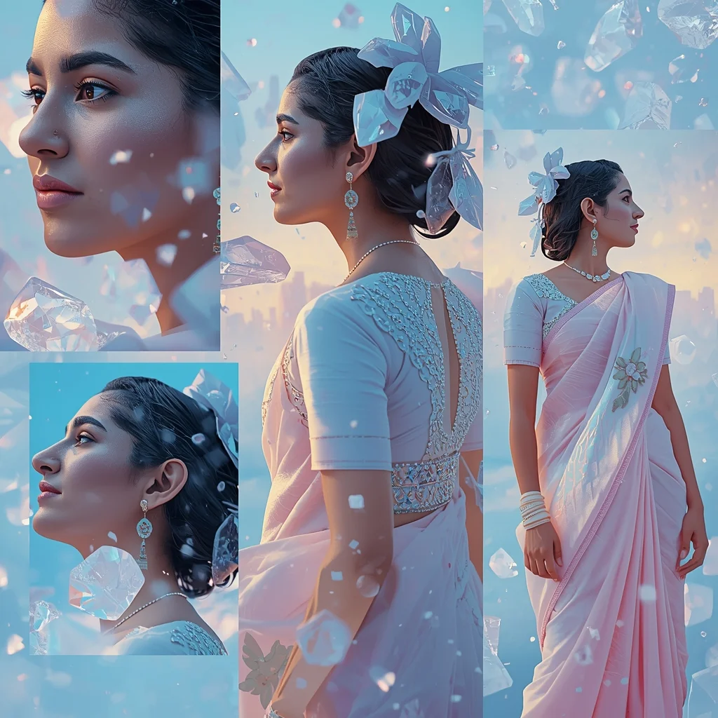 Festive Pastel Saree Ice Crystal Collage | Indian Girl Frost Glow Aesthetic Soft Cinematic Viral Prompt | Saree Prompt Copy Paste