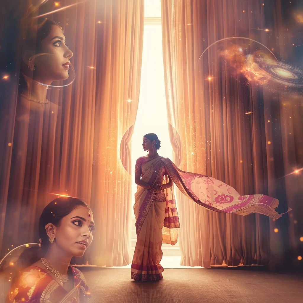 Festive Pastel Saree Imperial Cosmic Curtain Galaxy Burst Collage | Regal Symphony Prompt | Saree Girl Dp Ai Prompt Ultra Hd