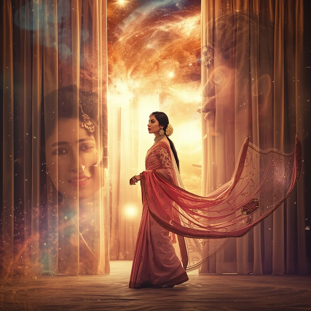 Festive Pastel Saree Imperial Cosmic Curtain Galaxy Burst Collage | Regal Symphony Prompt | Saree Look Ai Prompt Modern Style