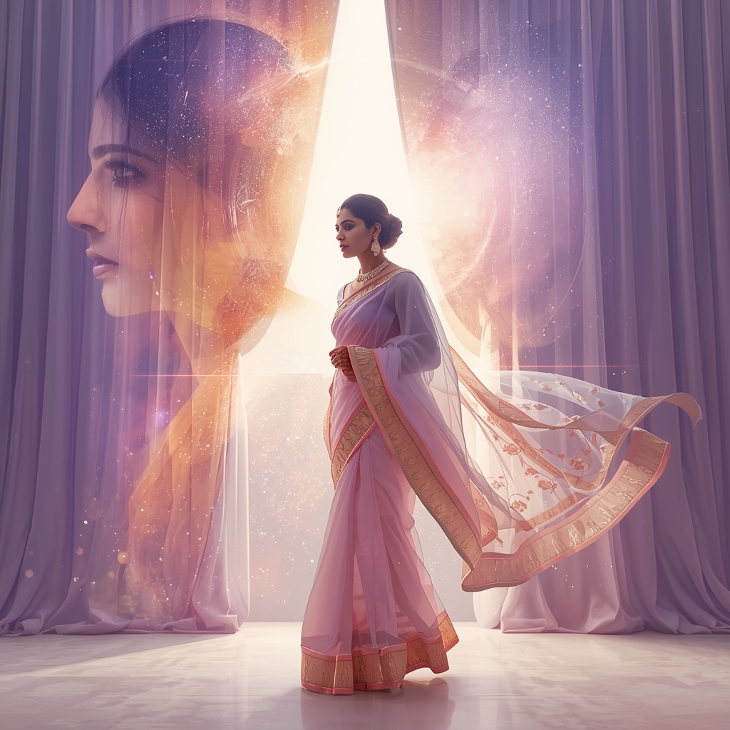 Festive Pastel Saree Imperial Cosmic Curtain Galaxy Burst Collage | Regal Symphony Prompt | Saree Prompt For Girls