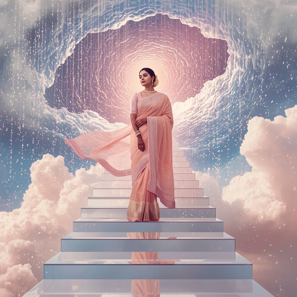 Festive Pastel Saree Infinite Nova Ripple Prism Mirror Collage | Sky Reflection Prompt | Saree Girl Dp Ai Prompt Ultra Hd