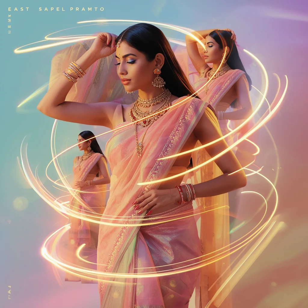 Festive Pastel Saree Light Arc Motion Collage Cinematic Aesthetic | Gemini Saree Prompt
