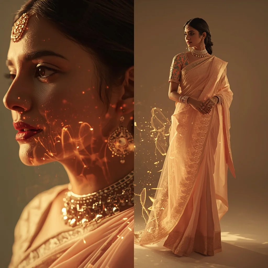 Festive Pastel Saree Light Memory Imprint Collage | Echo Presence Luxury Prompt | Bridal Saree Ai Prompt