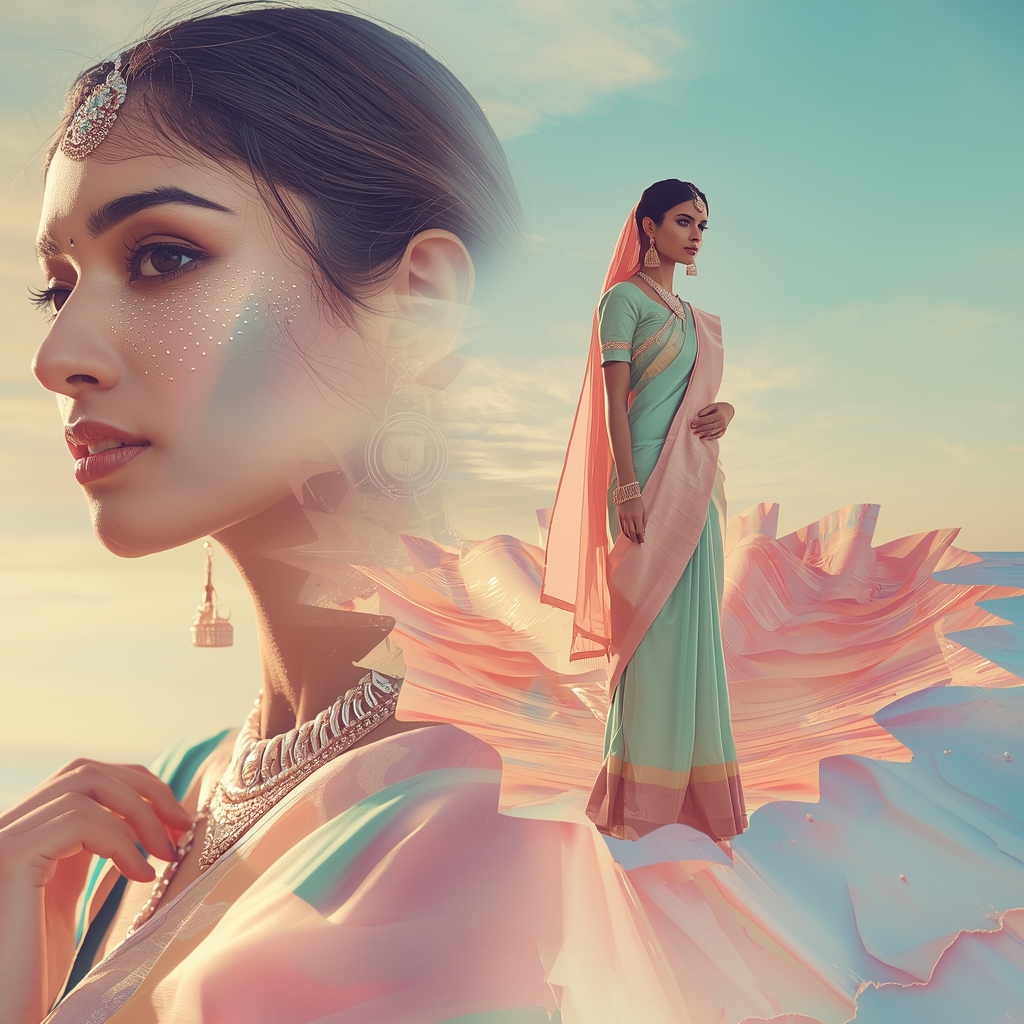 Festive Pastel Saree Liquid Horizon Fold Collapse Collage | Space Fabric Rupture Prompt | Traditional Saree Ai Prompt