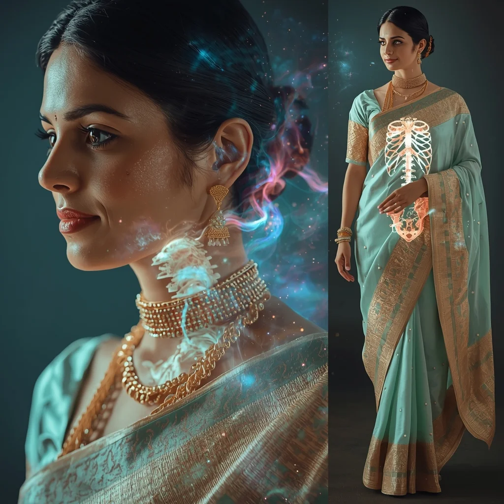 Festive Pastel Saree Liquid Light Skeleton Nebula Collage | Inner Cosmic Anatomy Prompt | Indian Girl Saree Ai Prompt 4k Realistic
