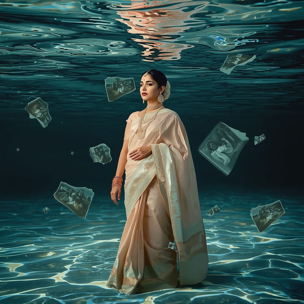 Festive Pastel Saree Liquid Memory Fragment Ocean Collage | Emotional Archive Empress Prompt | Saree Dp Ai Prompt