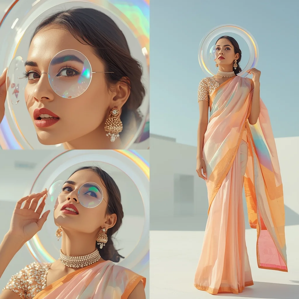 Festive Pastel Saree Luminous Holographic Geometric Halo | Indian Bride Saree Ai Prompt