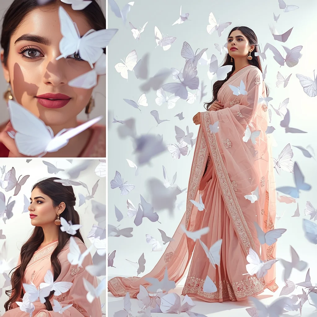Festive Pastel Saree Luminous White Origami Butterfly Swarm | Saree Trending Ai Prompt