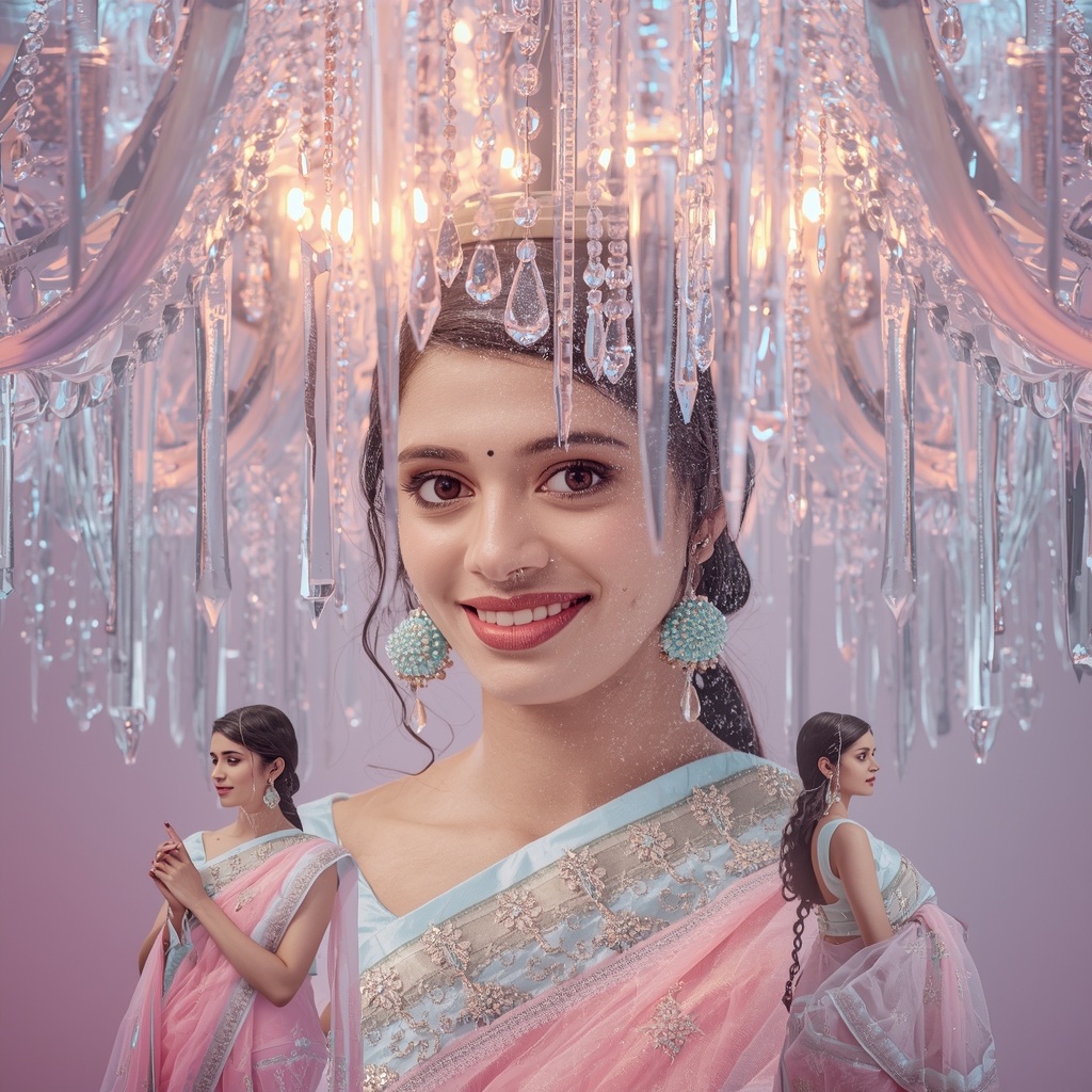Festive Pastel Saree Macro Frost Crystal Chandelier Collage Premium Cinematic | Saree Look Ai Prompt Modern Style