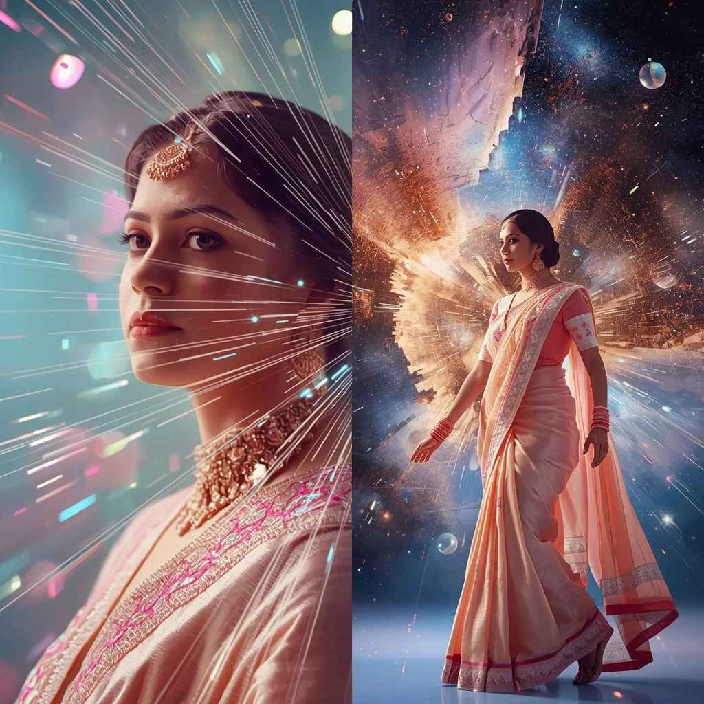 Festive Pastel Saree Magnetic Echo Prism Grid Explosion Collage | Dramatic Revelation Prompt | Indian Saree Ai Prompt