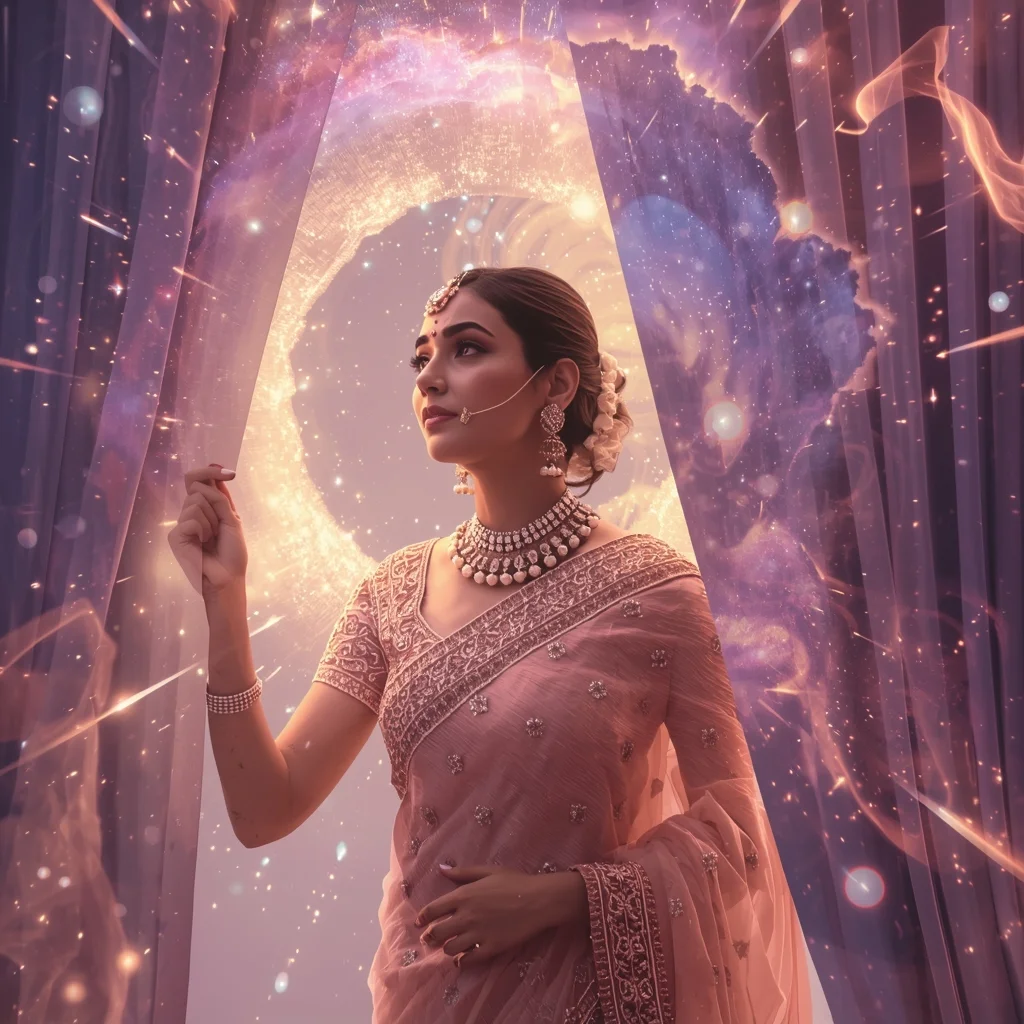 Festive Pastel Saree Magnetic Nova Veil Curtain Galaxy Collage | Dramatic Cosmic Prompt | Saree Trending Ai Prompt