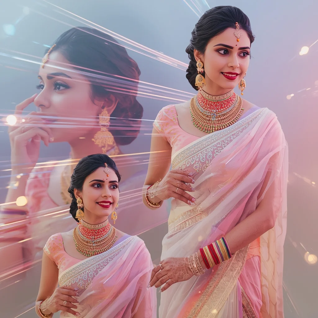 Festive Pastel Saree Magnetic Particle Flow Collage | Indian Girl Energy Pull Aesthetic Cinematic Viral Prompt | Wedding Saree Ai Prompt