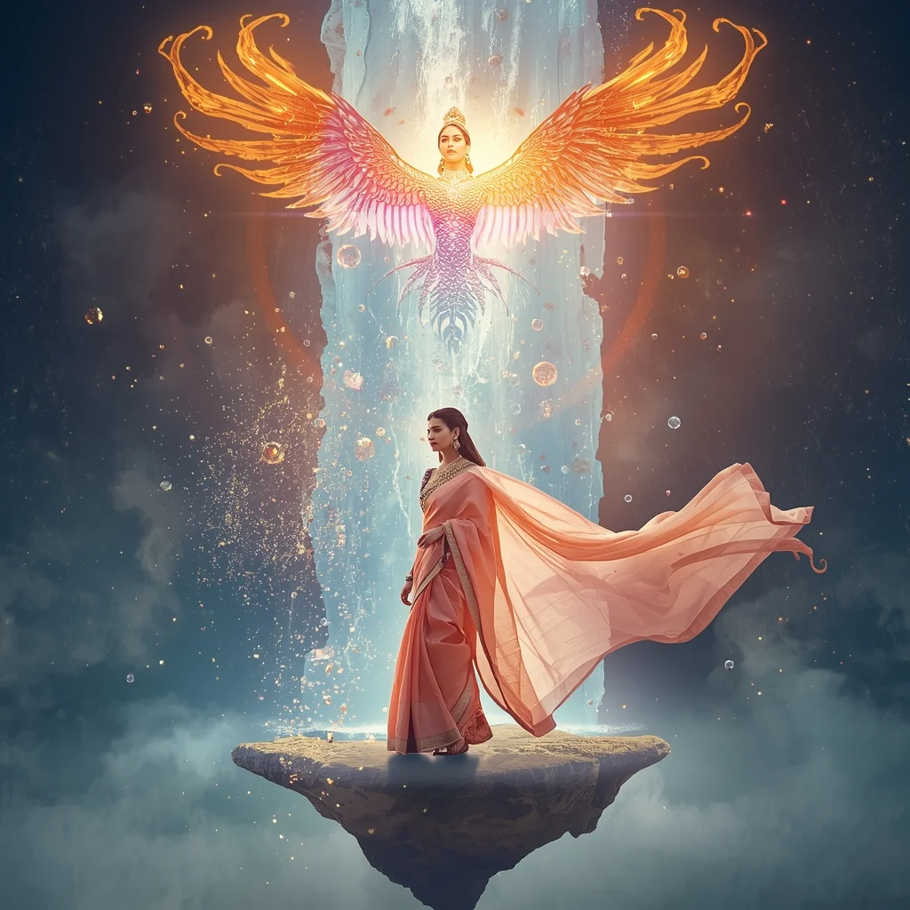 Festive Pastel Saree Majestic Phoenix Crystal Cascade Collage | Legendary Mythical Prompt | New Ai Prompt Girl