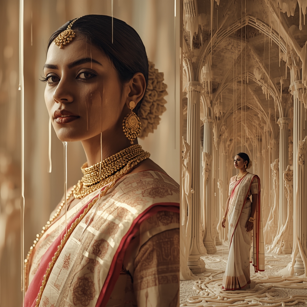 Festive Pastel Saree Melting Reality Wax Flesh Cathedral Collage | Sacred Decay Empress Prompt | Saree Prompt For Girls