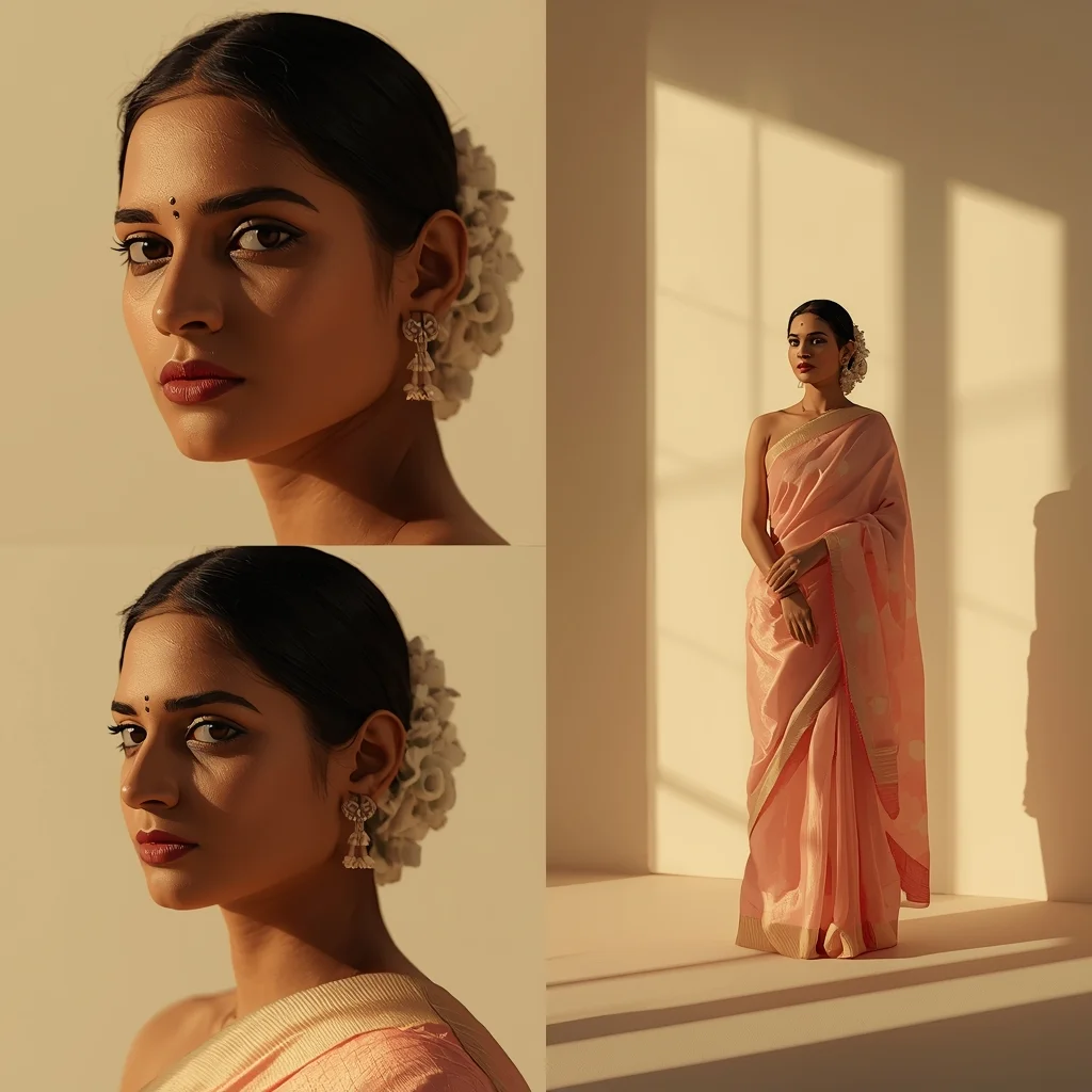 Festive Pastel Saree Minimal Shadow Depth Prompt with Soft Contrast Layers and Cinematic Clean Aesthetic | Prompt For Gemini Girl Style Trending