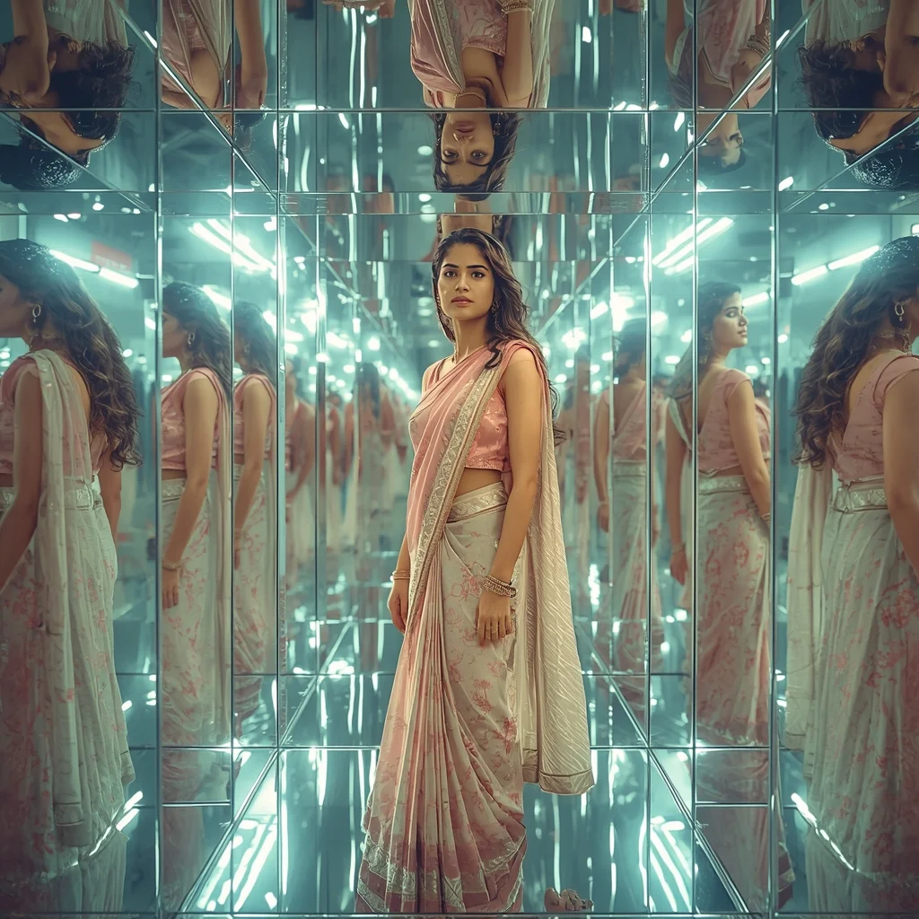 Festive Pastel Saree Mirror Dimension Fold Prompt with Layered Reflection Collapse and Cinematic Depth | Chat Gpt Prompt For Image Editing