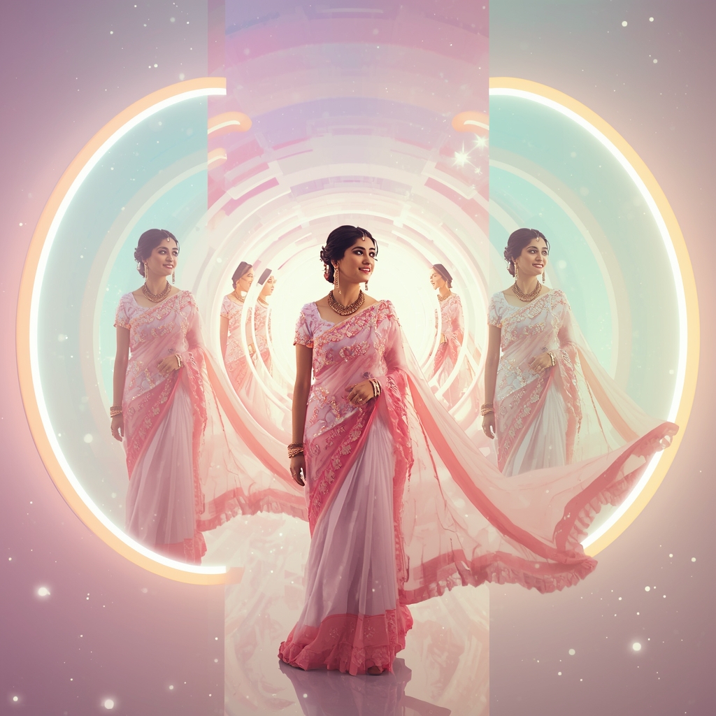 Festive Pastel Saree Multiverse Portal Collage | Indian Girl Dimension Shift Aesthetic Cinematic Viral Prompt | Wedding Saree Ai Prompt