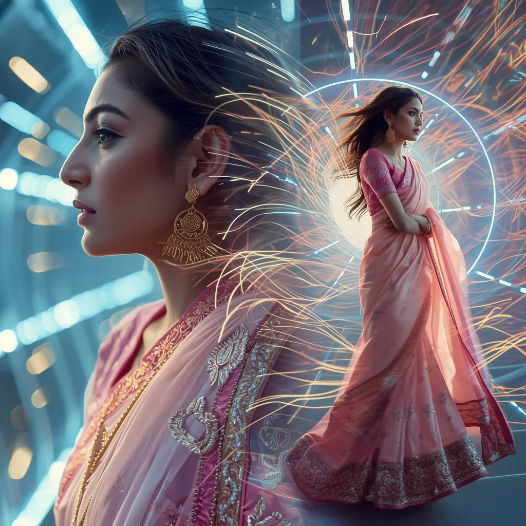 Festive Pastel Saree Neon Silk Wind Tunnel Collage | Hyper Flow Motion Prompt | Modern Saree Ai Prompt