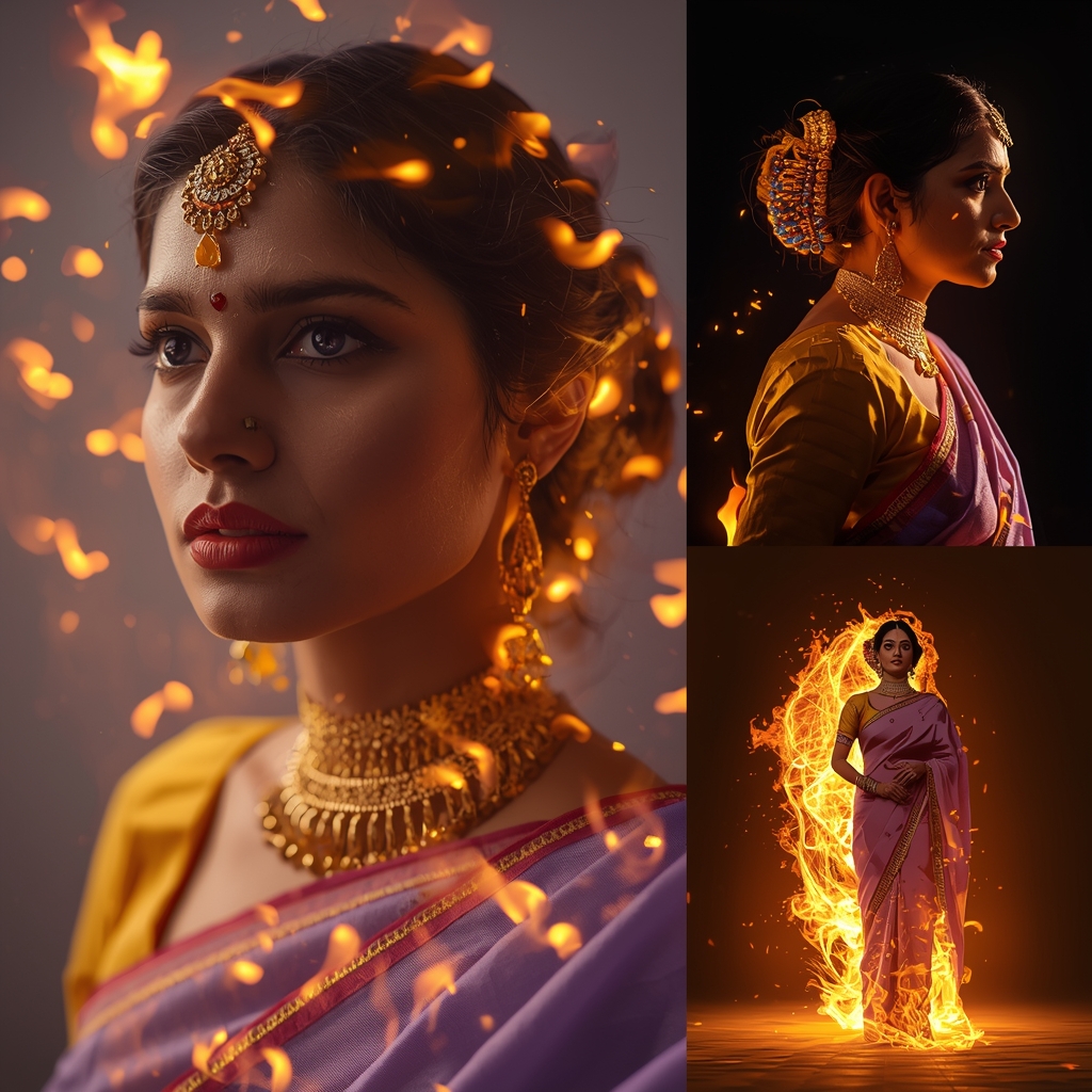 Festive Pastel Saree Neural Flame Thought Combustion Collage | Mindfire Goddess Prompt | Gemini Saree Prompt For Woman