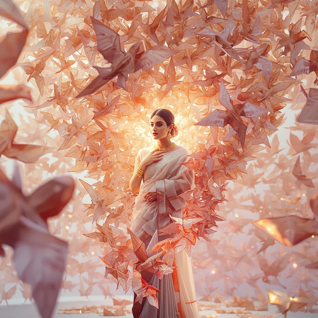 Festive Pastel Saree Origami Glass Phoenix Tornado Collage Premium Cinematic | Saree Girl Ai Prompt