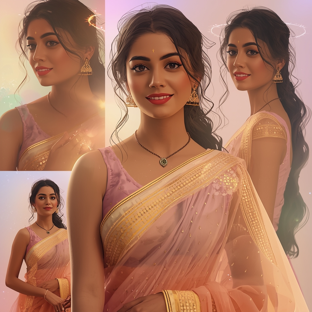 Festive Pastel Saree Particle Arc Collage | Indian Girl Light Motion Aesthetic Soft Cinematic Viral Prompt | Prompt Gemini Saree