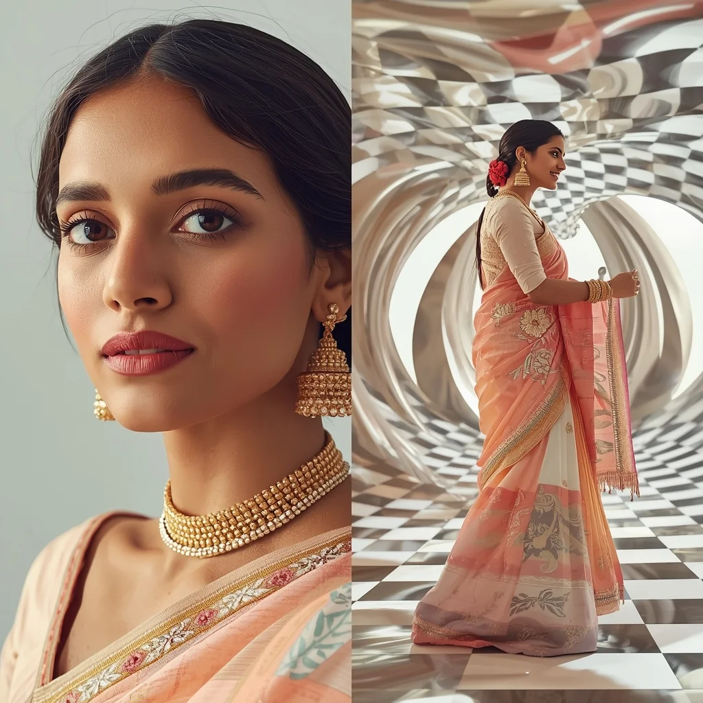Festive Pastel Saree Perception Distortion Field Collage | Illusion Space Luxury Prompt | Saree Profile Pic Ai Prompt