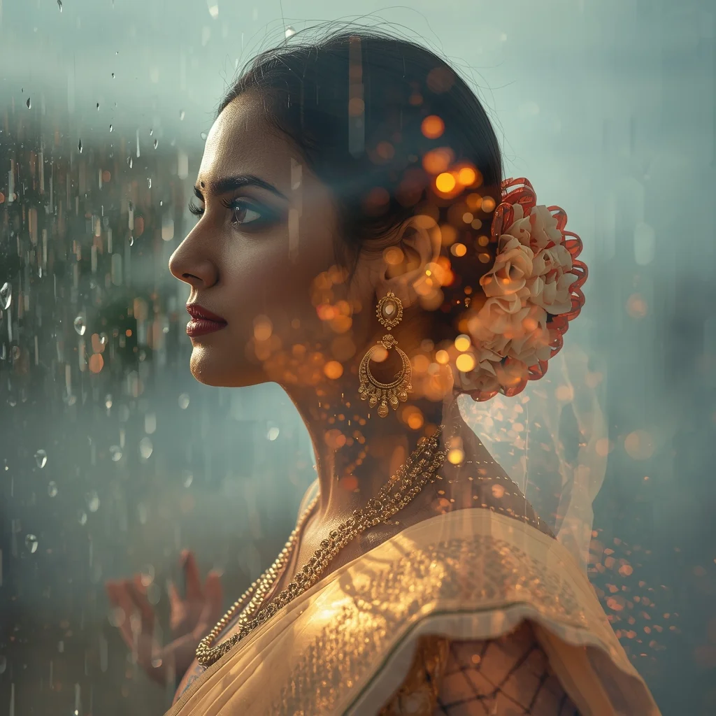 Festive Pastel Saree Poetic Double Exposure Dream Loop Collage | Artistic Reflection Prompt | Saree Pose Ai Prompt For Image Generation