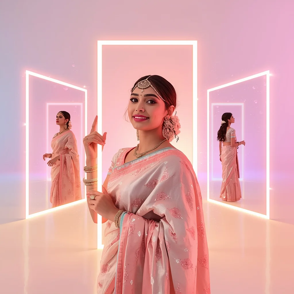 Festive Pastel Saree Portal Dimension Collage | Indian Girl Multiverse Frame Aesthetic Soft Cinematic Viral Prompt | Bridal Saree Ai Prompt For Instagram Reel