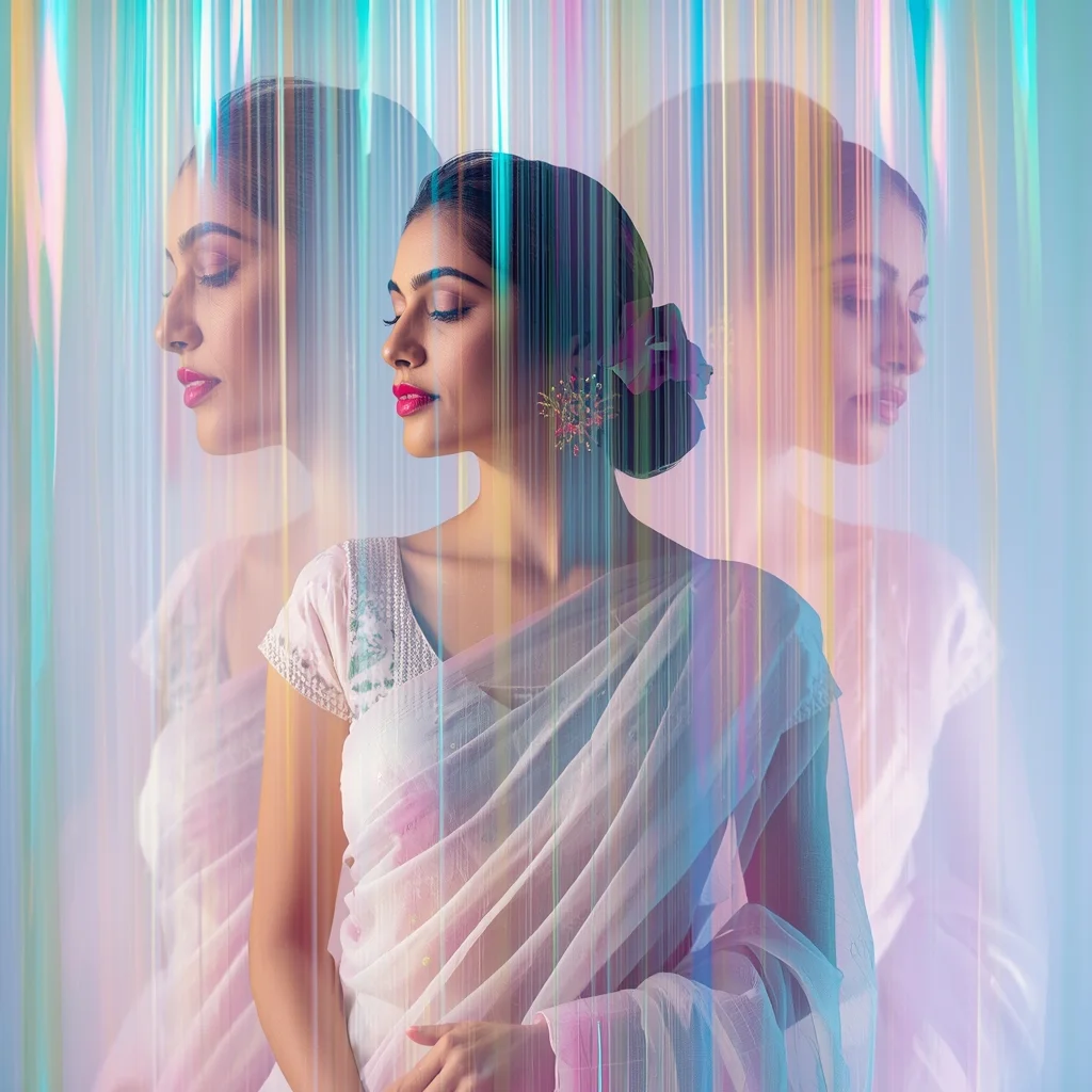 Festive Pastel Saree Prism Light Ribbon Cascade Collage | Prompt Trending Girl