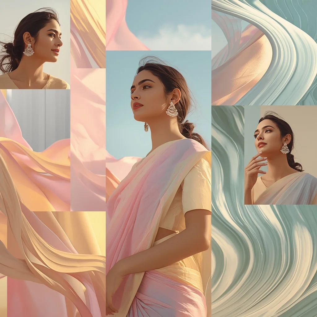 Festive Pastel Saree Radiant Silk Drift Wave Collage Luxury Cinematic | Chatgpt Photo Editing Prompts Trending Girl