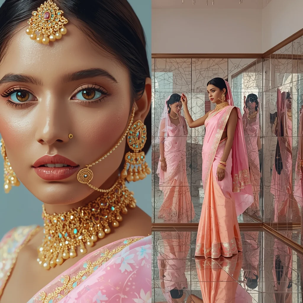 Festive Pastel Saree Reality Inside Reflection Collage | Inverted World Luxury Prompt | Modern Saree Ai Prompt