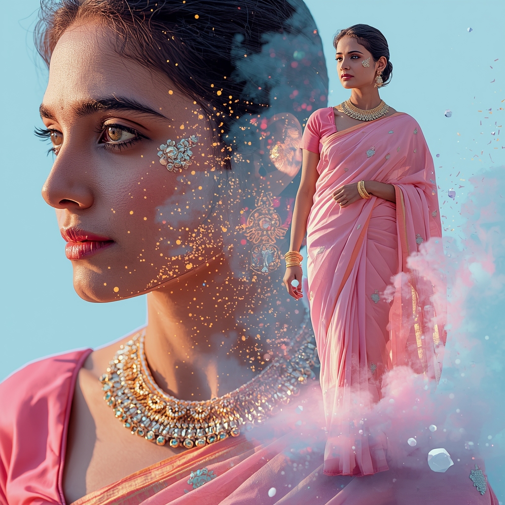 Festive Pastel Saree Reality Pixel Dissolve Collage | Digital Transcendence Luxury Prompt | Saree Prompt Generator