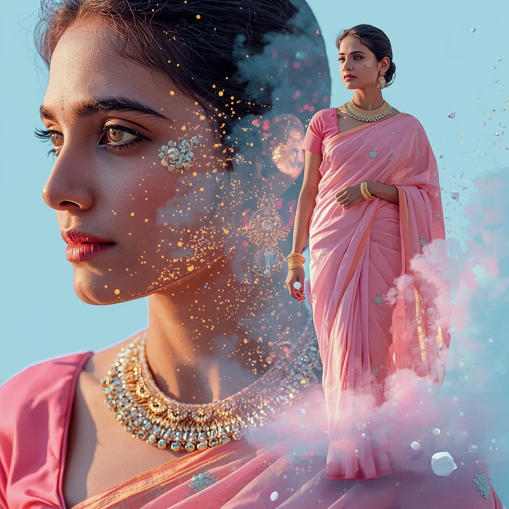 Festive Pastel Saree Reality Pixel Dissolve Collage | Digital Transcendence Luxury Prompt | Saree Prompt Generator