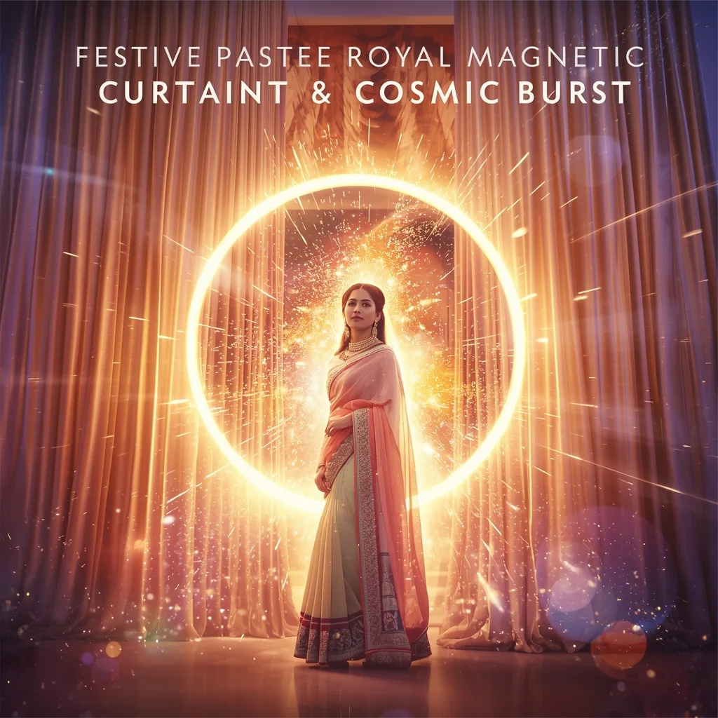 Festive Pastel Saree Royal Magnetic Curtain Cosmic Burst Collage | Grand Epic Prompt | Saree Woman Ai Prompt