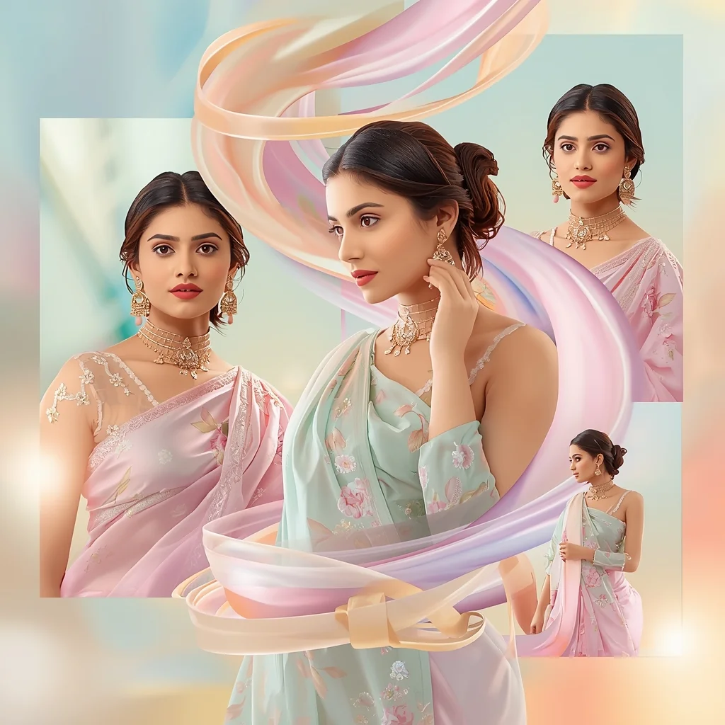 Festive Pastel Saree Silk Ribbon Spiral Collage | Indian Girl Flow Motion Aesthetic Soft Cinematic Viral Prompt | Saree Whatsapp Dp Ai Prompt