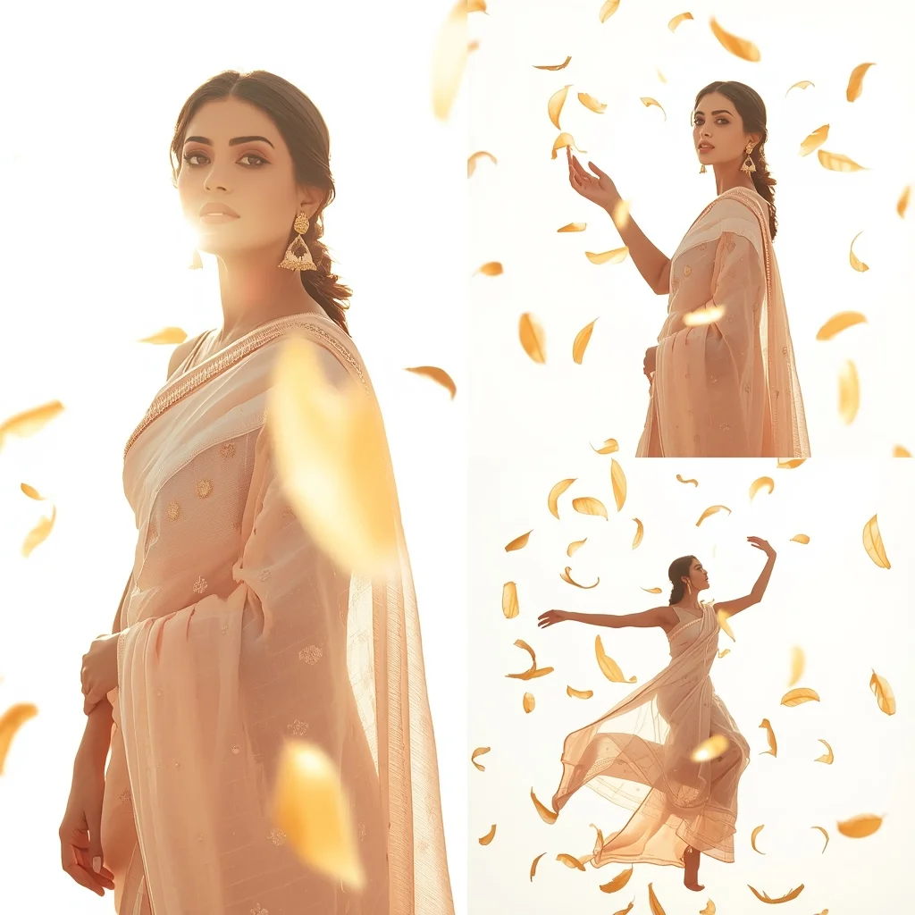 Festive Pastel Saree Sunlit Floating Golden Feather Aura | Saree Prompt