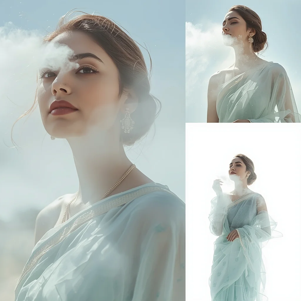 Festive Pastel Saree Sunlit Pearl Dust Vapor Cloud | Saree Aesthetic Ai Prompt For Pinterest
