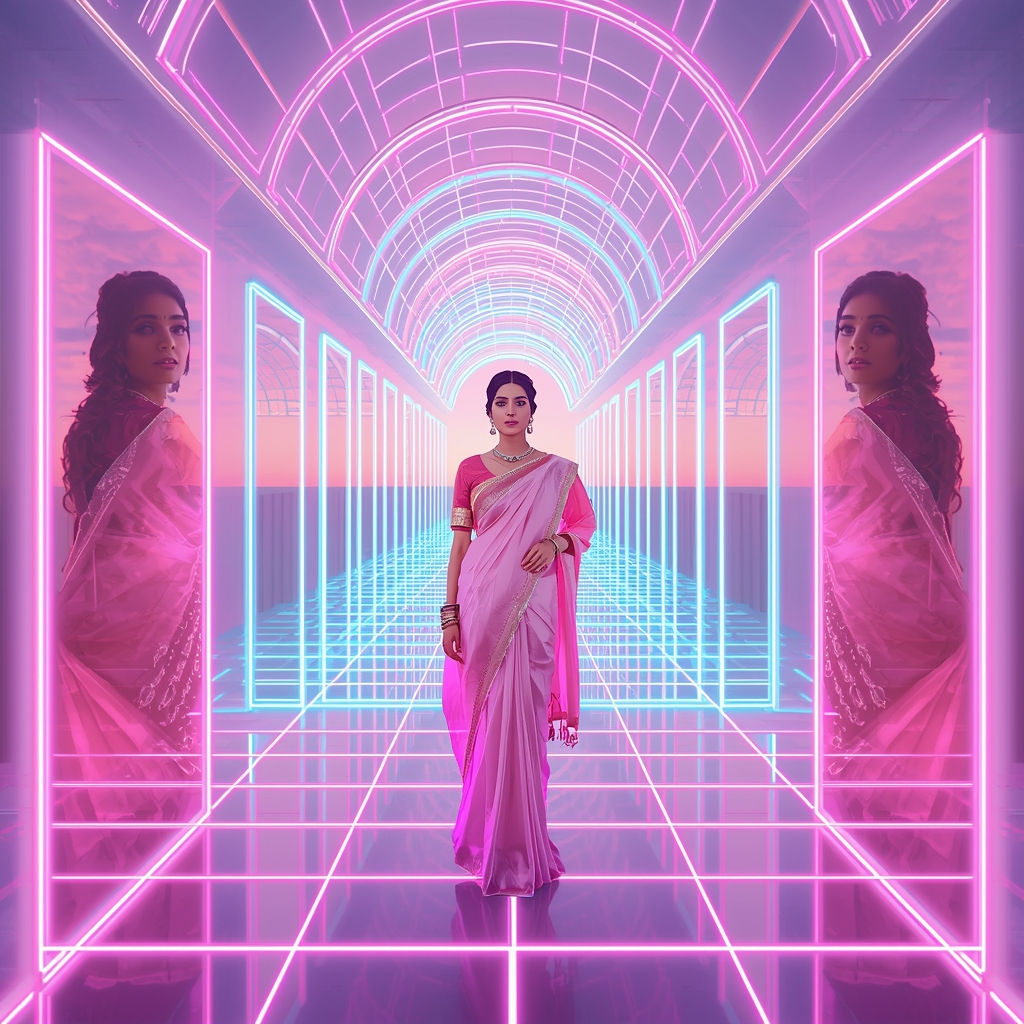 Festive Pastel Saree Vaporwave Neon Synth-Grid Architecture Collage Modern Cinematic | Saree Selfie Ai Prompt