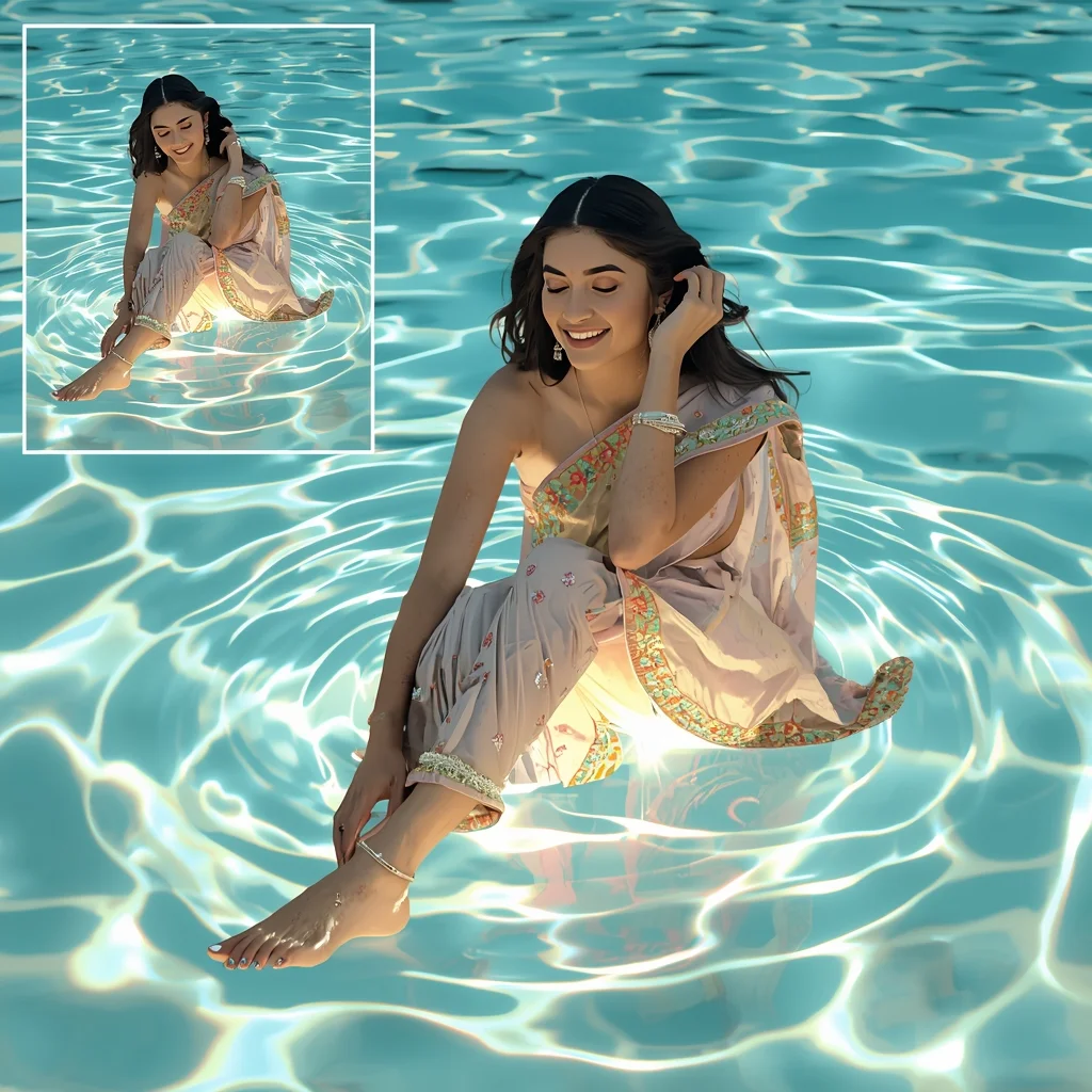 Festive Pastel Saree Water Glow Ripple Ocean Reflection | Saree Prompt For Gemini Ai