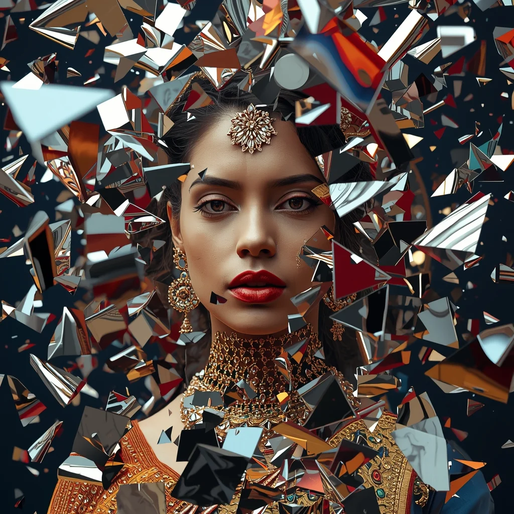 Festive Saree Mirror Fragment Orbit Explosion Collage | Reflective Chaos Prompt | Gemini Saree Prompt For Woman